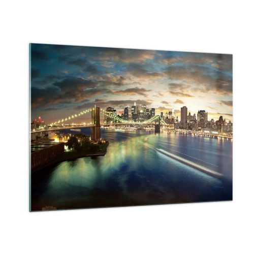 Glasbild - Bild auf glas - Blick auf die Brücke und die Stadt bei Sonnenuntergang - 100x70cm - Ein heller Abend über Manhattan - Moderne Wanddekoration für Wohnzimmer und Schlafzimmer ARTTOR