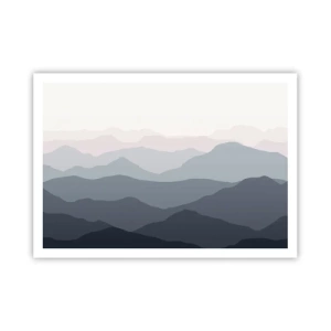 Poster - Dezente Bergschichten in Grau- und Blautönen - 100x70cm - Wellen der Berge - Moderne Wanddekoration für Wohnzimmer und Schlafzimmer ARTTOR