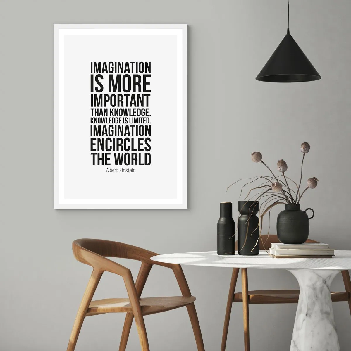Poster in einem weißen Rahmen - Einstein über die Kraft der Vorstellungskraft - 50x70 cm