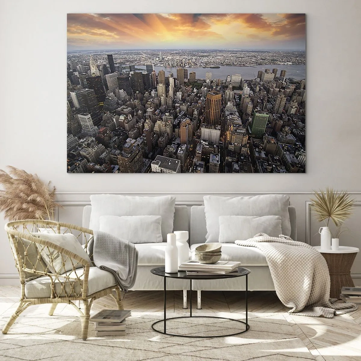 Glasbild - Bild auf glas - Stadtpanorama mit Blick auf Wolkenkratzer bei Sonnenuntergang - 70x50cm - Das schlagende Herz unserer Zeit - Moderne Wanddekoration für Wohnzimmer und Schlafzimmer ARTTOR