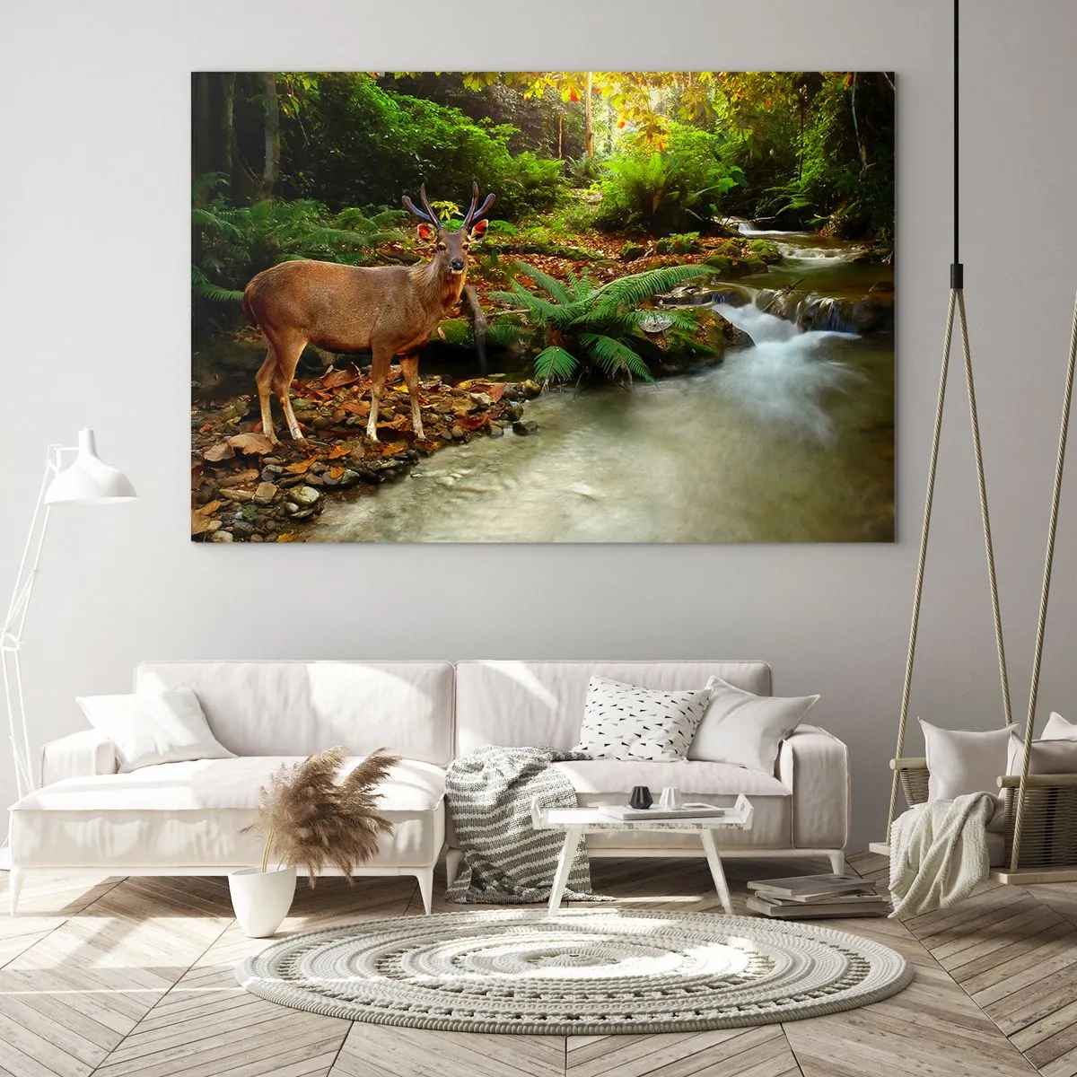 Glasbild - Bild auf glas - Ein Reh an einem Bach in einem sonnenbeschienenen Wald - 70x50cm - Willkommen in meiner Welt - Moderne Wanddekoration für Wohnzimmer und Schlafzimmer ARTTOR