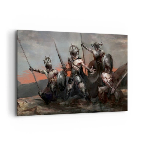 Bild auf Leinwand - Leinwandbild - Eine Gruppe von Kriegern in Rüstung mit Speeren vor dem Hintergrund des Sonnenuntergangs - 100x70cm - Mit oder auf einem Schild - Moderne Wanddekoration für Wohnzimmer und Schlafzimmer ARTTOR