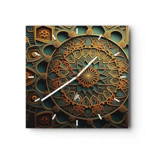 Wanduhr - Glasuhr - Ein goldenes Mandala auf türkisfarbenem Hintergrund mit vielen Details. - 30x30cm - In arabischer Atmosphäre - Moderne Wanddekoration für Wohnzimmer und Schlafzimmer ARTTOR