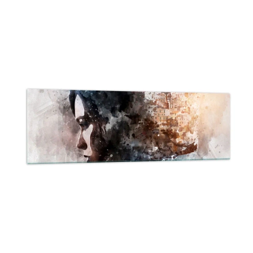 Glasbild - Bild auf glas - Porträt einer Frau, die ihr Gesicht mit einer Stadtlandschaft im Hintergrund kombiniert - 160x50cm - Eine Geschichte über ein Mädchen mit einer Stadt im Hintergrund - Moderne Wanddekoration für Wohnzimmer und Schlafzimmer ARTTOR