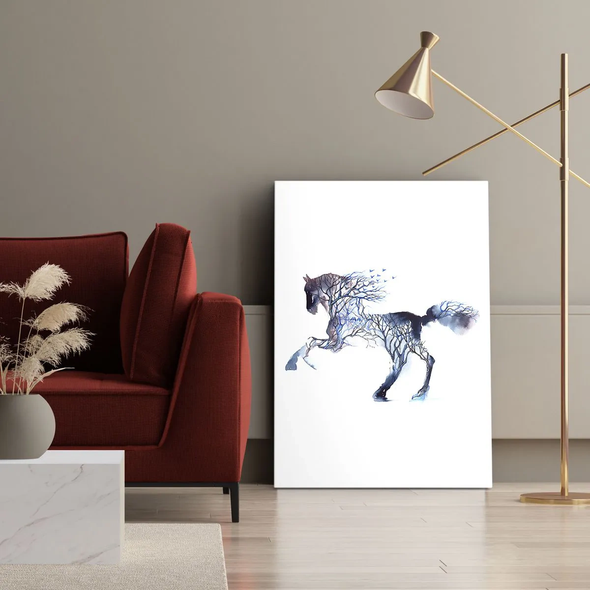Bild auf Leinwand - Leinwandbild - Künstlerische Pferdegrafik mit Baum- und Vogelmotiven - 50x70cm - Und als wäre der Wald umgezogen - Moderne Wanddekoration für Wohnzimmer und Schlafzimmer ARTTOR