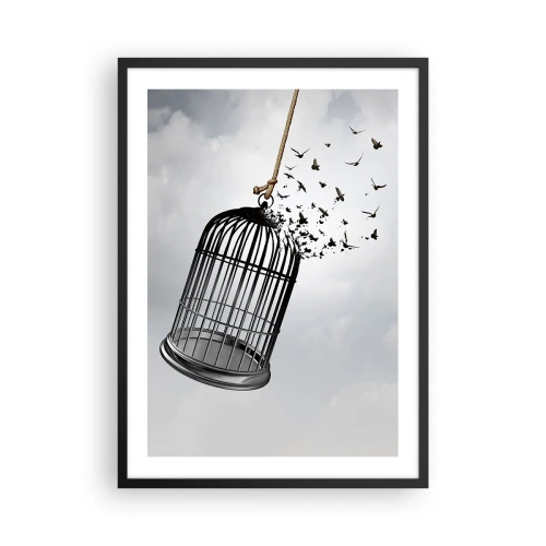 Poster in einem schwarzem Rahmen - Vögel fliegen aus einem offenen Käfig vor einem Wolkenhintergrund - 50x70cm - Glaube ... Hoffnung ... Freiheit! - Moderne Wanddekoration für Wohnzimmer und Schlafzimmer ARTTOR