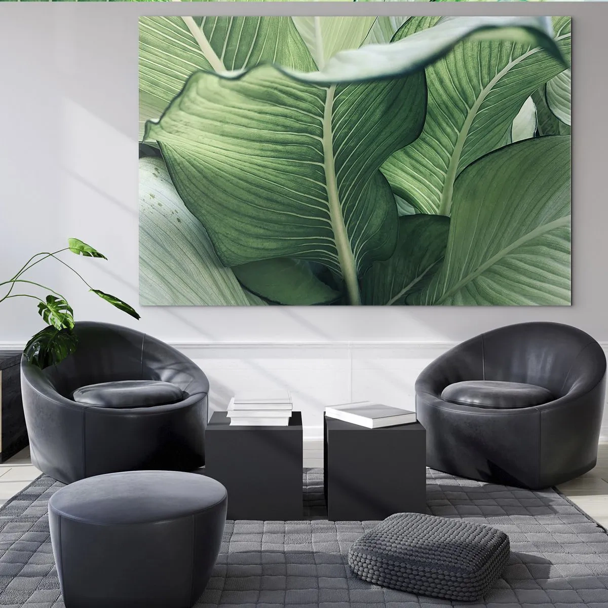Glasbild - Bild auf glas - Üppige grüne Blätter in Nahaufnahme und natürlichem Licht - 70x50cm - Intensiv grünes Leben - Moderne Wanddekoration für Wohnzimmer und Schlafzimmer ARTTOR