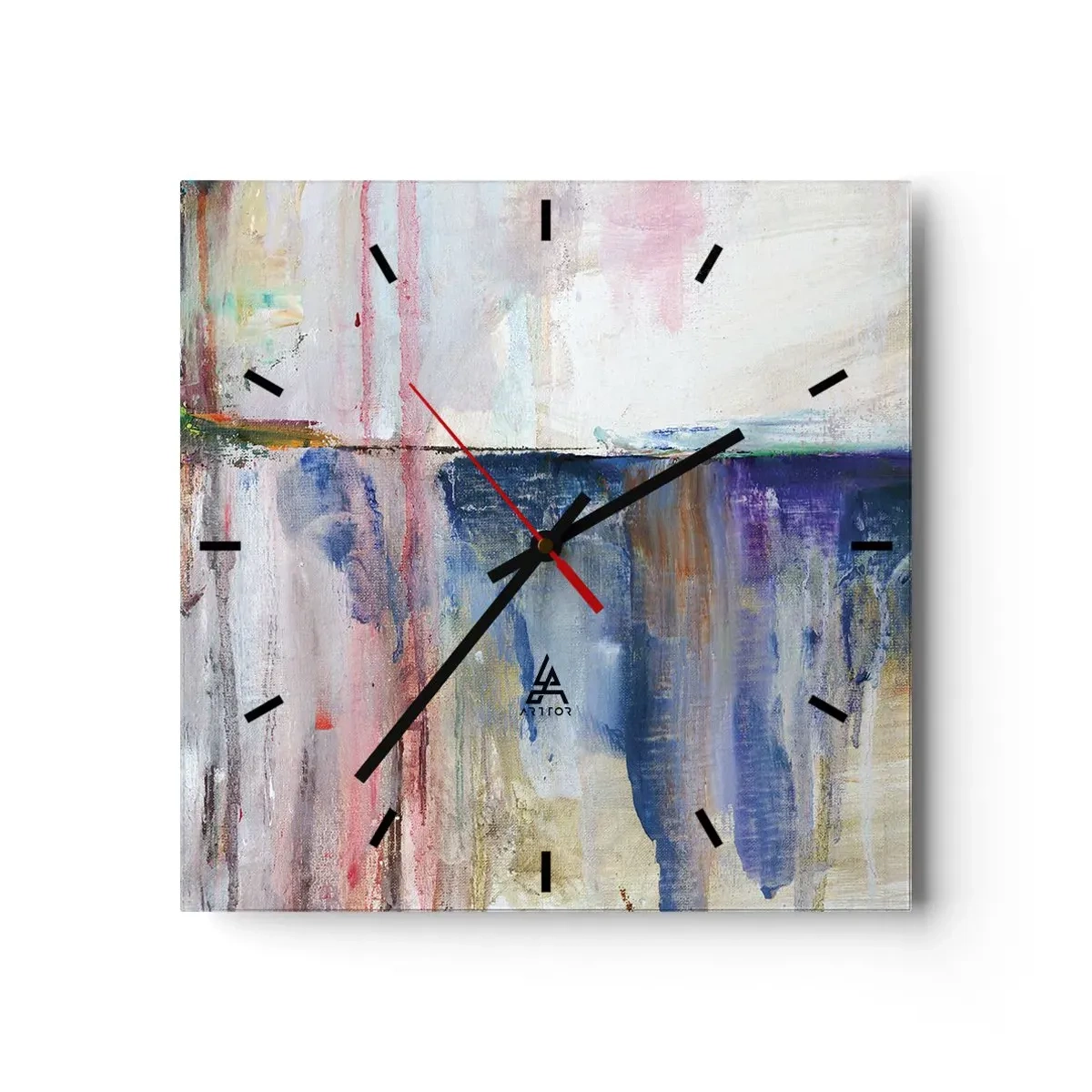 Wanduhr - Glasuhr - Eine abstrakte Farbkomposition mit Reflexionseffekt auf der Leinwand. - 30x30cm - Bunte Eindrücke und Assoziationen - Moderne Wanddekoration für Wohnzimmer und Schlafzimmer ARTTOR