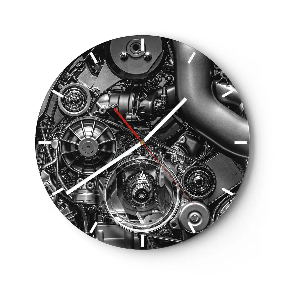 Wanduhr - Glasuhr - Schwarz-Weiß-Detail eines Automotormechanismus - 30x30cm - Die Poesie der Mechanik - Moderne Wanddekoration für Wohnzimmer, Küche und Schlafzimmer ARTTOR
