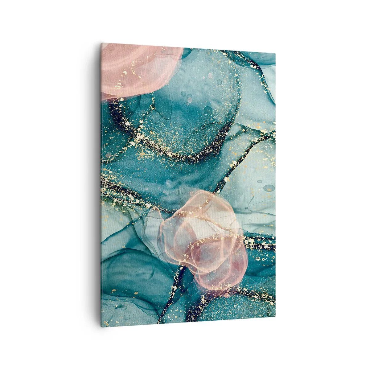 Bild auf Leinwand - Leinwandbild - Eine abstrakte Komposition in Türkis- und Goldtönen. - 70x100cm - Seidenblau, Tüllrosa - Moderne Wanddekoration für Wohnzimmer und Schlafzimmer ARTTOR