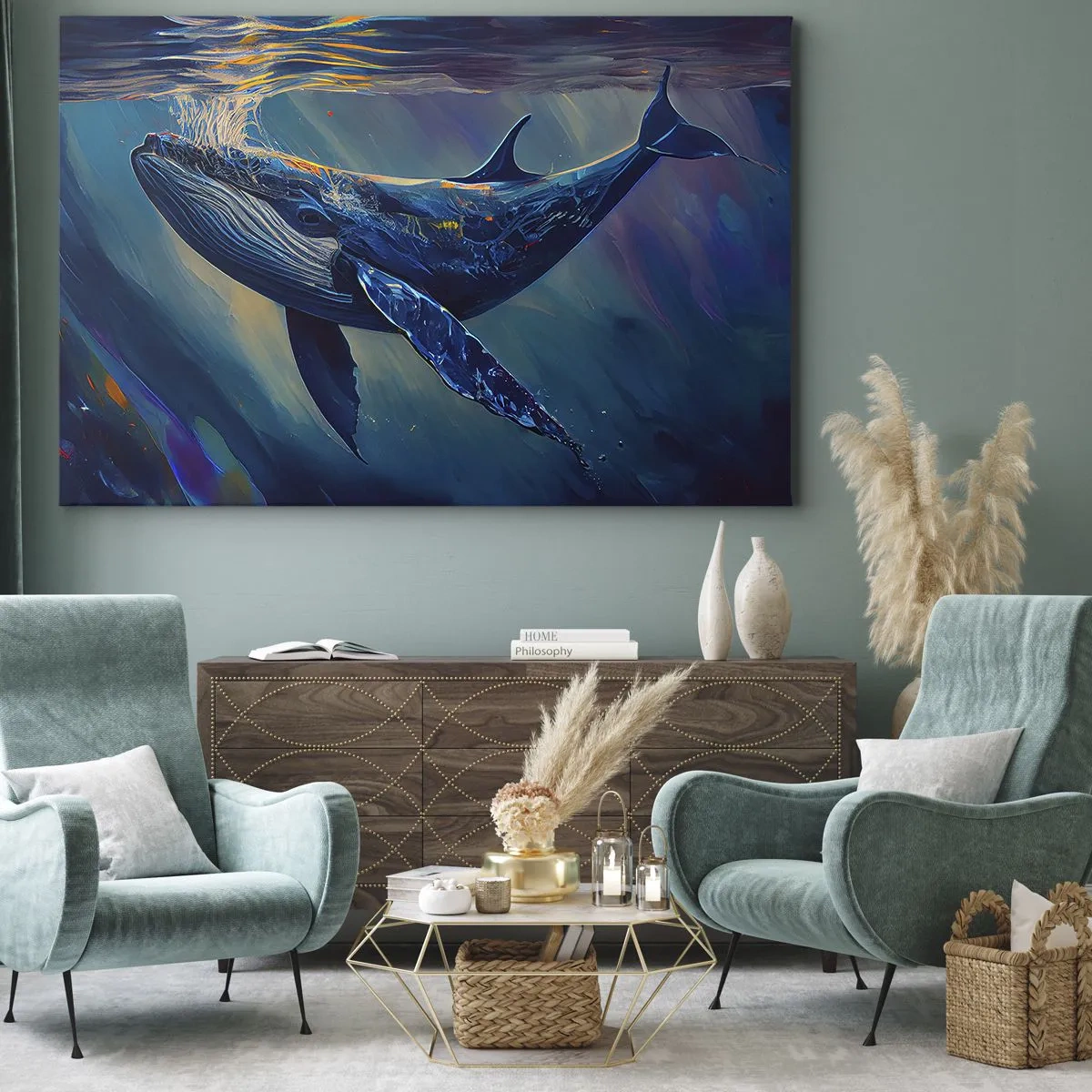 Bild auf Leinwand - Leinwandbild - Ein Wal in den Tiefen des Ozeans in leuchtenden Farben - 70x50cm - Willkommen in meiner Welt - Moderne Wanddekoration für Wohnzimmer und Schlafzimmer ARTTOR