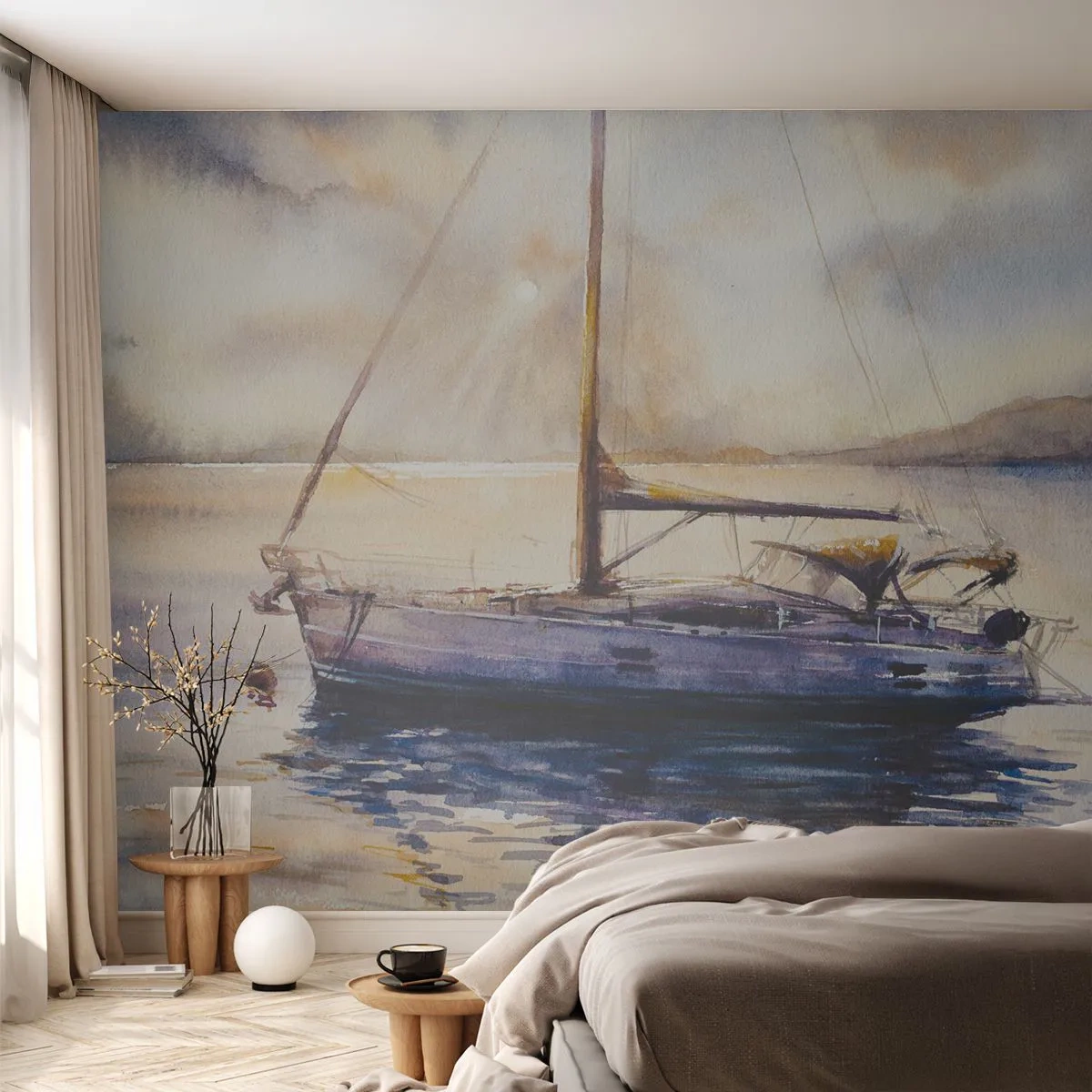 Fototapete Premium Sand - Aquarell-Segelboot auf ruhiger See in der Abenddämmerung - 100x70cm - Abend in der Bucht - Moderne Wanddekoration für Wohnzimmer und Schlafzimmer ARTTOR