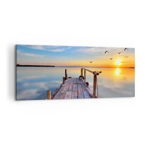 Bild auf Leinwand - Leinwandbild - Holzsteg bei Sonnenuntergang auf einem ruhigen See - 120x50cm - Lauf direkt der Sonne entgegen - Moderne Wanddekoration für Wohnzimmer und Schlafzimmer ARTTOR