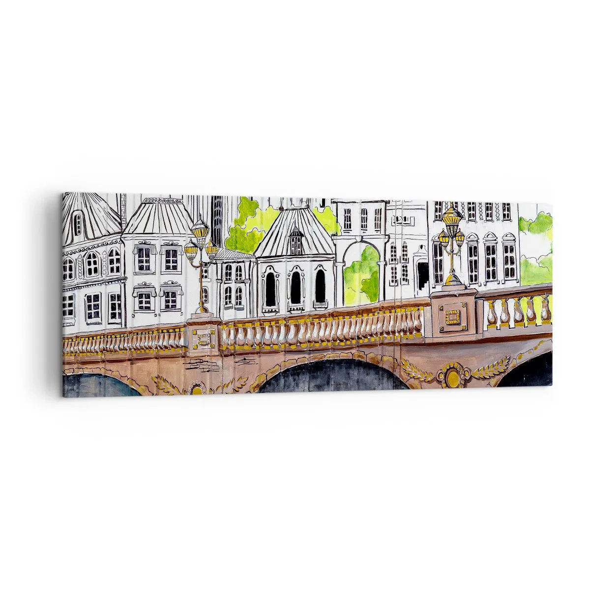 Bild auf Leinwand - Leinwandbild - Zeichnung der Brücke und historische Stadtarchitektur - 140x50cm - Die Stadt ist gemalt - Moderne Wanddekoration für Wohnzimmer und Schlafzimmer ARTTOR