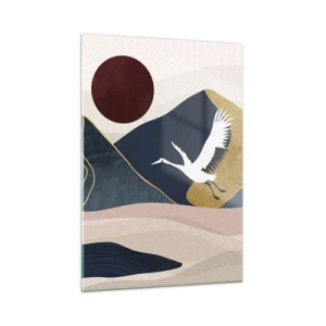 Glasbild - Bild auf glas - Zwei Kraniche fliegen über eine hügelige Landschaft mit einer roten Sonne. - 50x70cm - Es ist wieder ein Tag VERFLOGEN - Moderne Wanddekoration für Wohnzimmer und Schlafzimmer ARTTOR