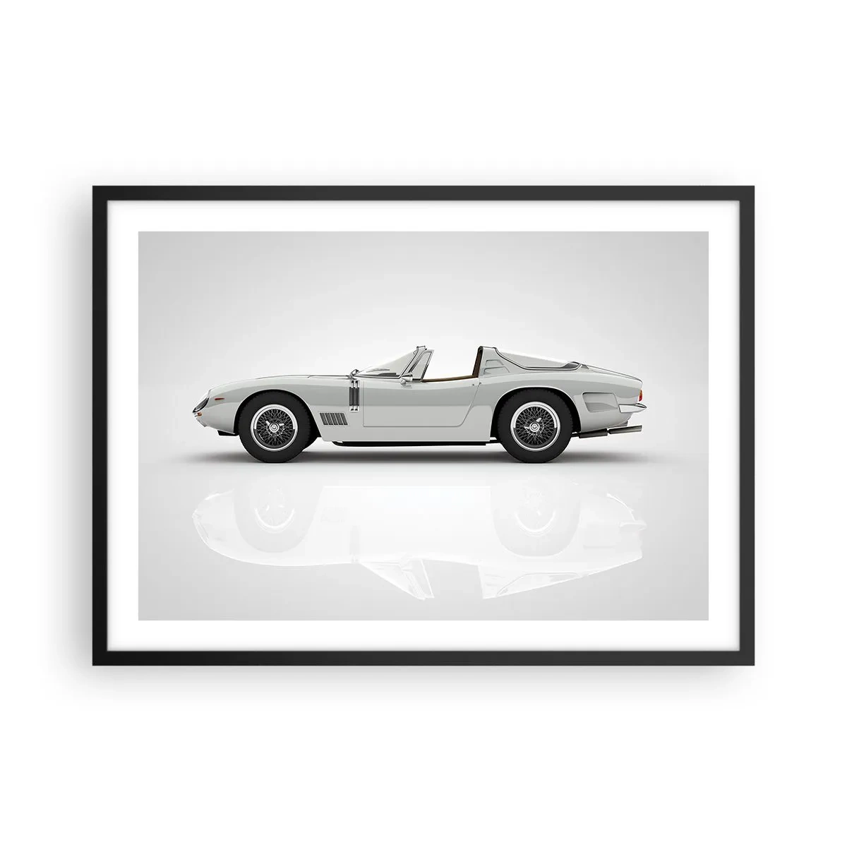 Poster in einem schwarzem Rahmen - Klassisches weißes Cabrio auf hellem Hintergrund - 70x50cm - Spaß versprochen - Moderne Wanddekoration für Wohnzimmer und Schlafzimmer ARTTOR