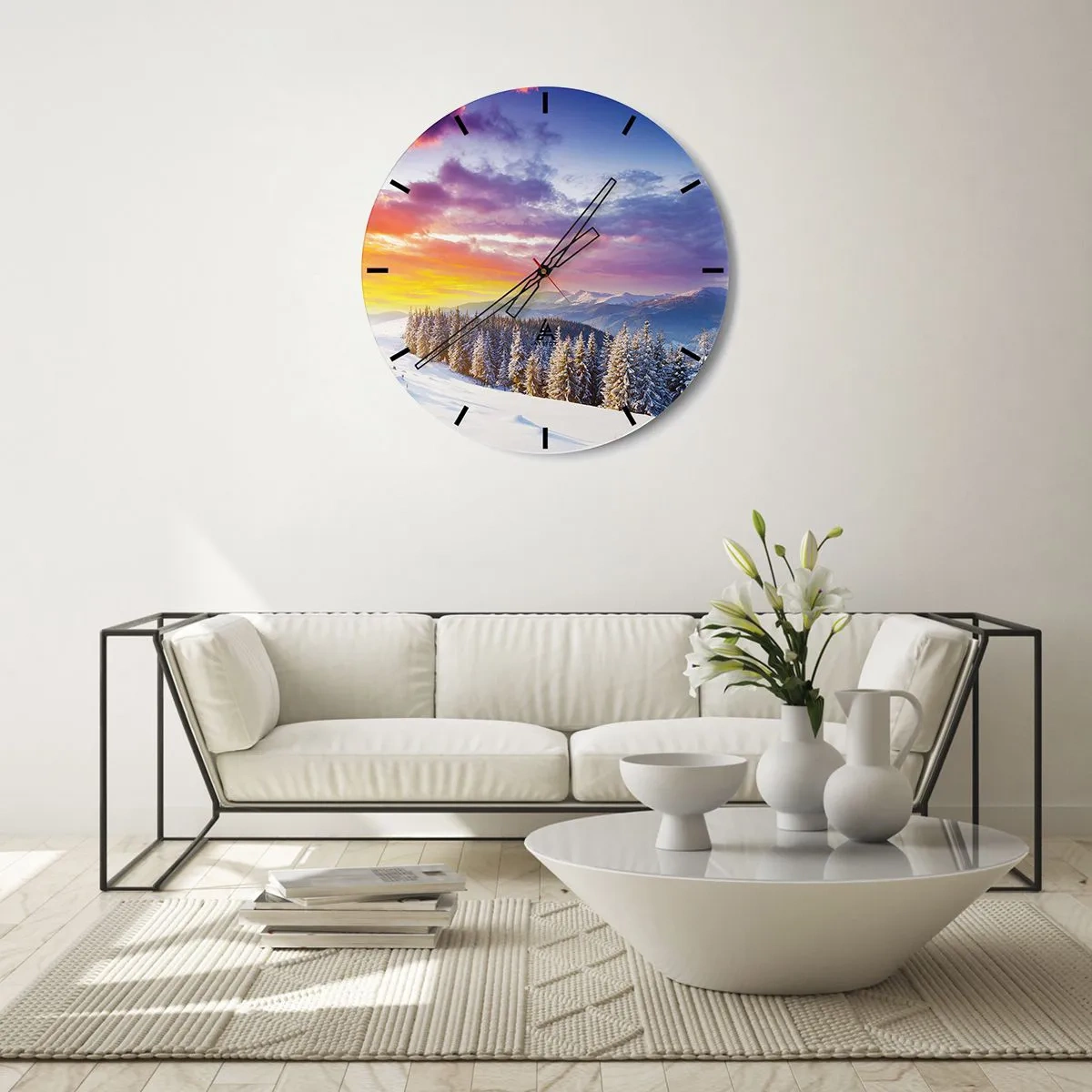 Wanduhr - Glasuhr - Zifferblatt mit Winterlandschaft und untergehender Sonne - 30x30cm - Am helllichten Tag - Moderne Wanddekoration für Wohnzimmer, Küche und Schlafzimmer ARTTOR