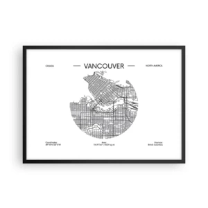 Poster in einem schwarzem Rahmen - Eine Karte von Vancouver im minimalistischen Schwarz-Weiß-Stil - 70x50cm - Anatomie von Vacouver - Moderne Wanddekoration für Wohnzimmer und Schlafzimmer ARTTOR