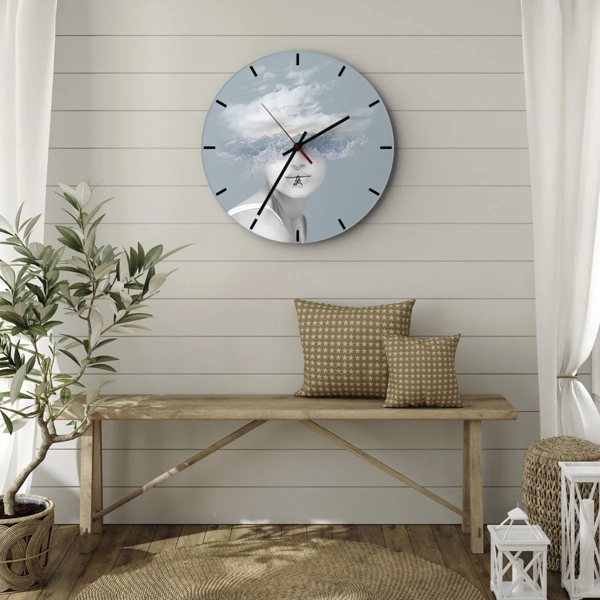 Wanduhr - Glasuhr - Ein Frauenporträt mit Wellen und Wolken als Augen. - 30x30cm - Mit dem Kopf in den Wolken - Moderne Wanddekoration für Wohnzimmer, Küche und Schlafzimmer ARTTOR