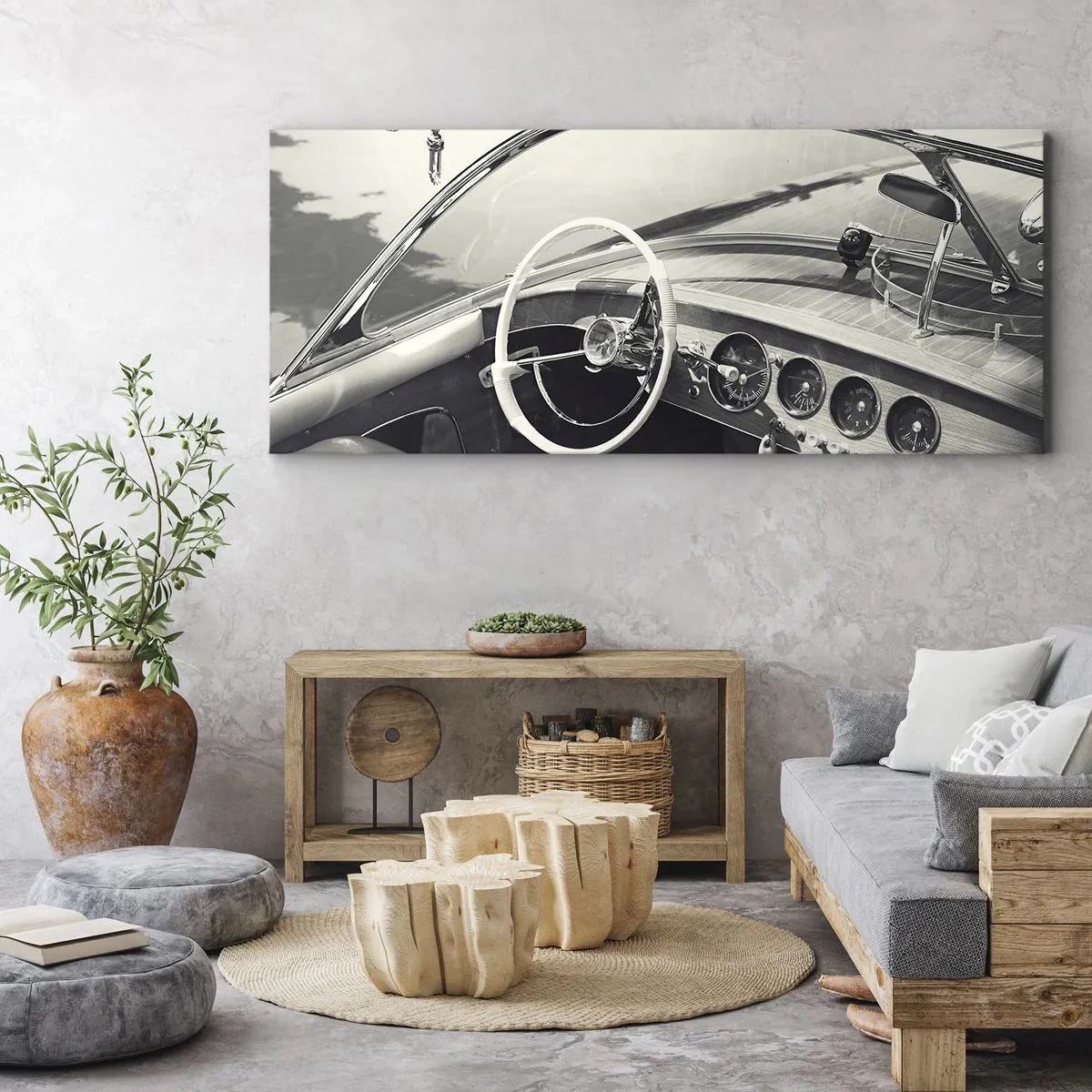 Bild auf Leinwand - Leinwandbild - Oldtimer-Innenraum im monochromen Stil - 140x50cm - Wetter für die Reichen - Moderne Wanddekoration für Wohnzimmer und Schlafzimmer ARTTOR