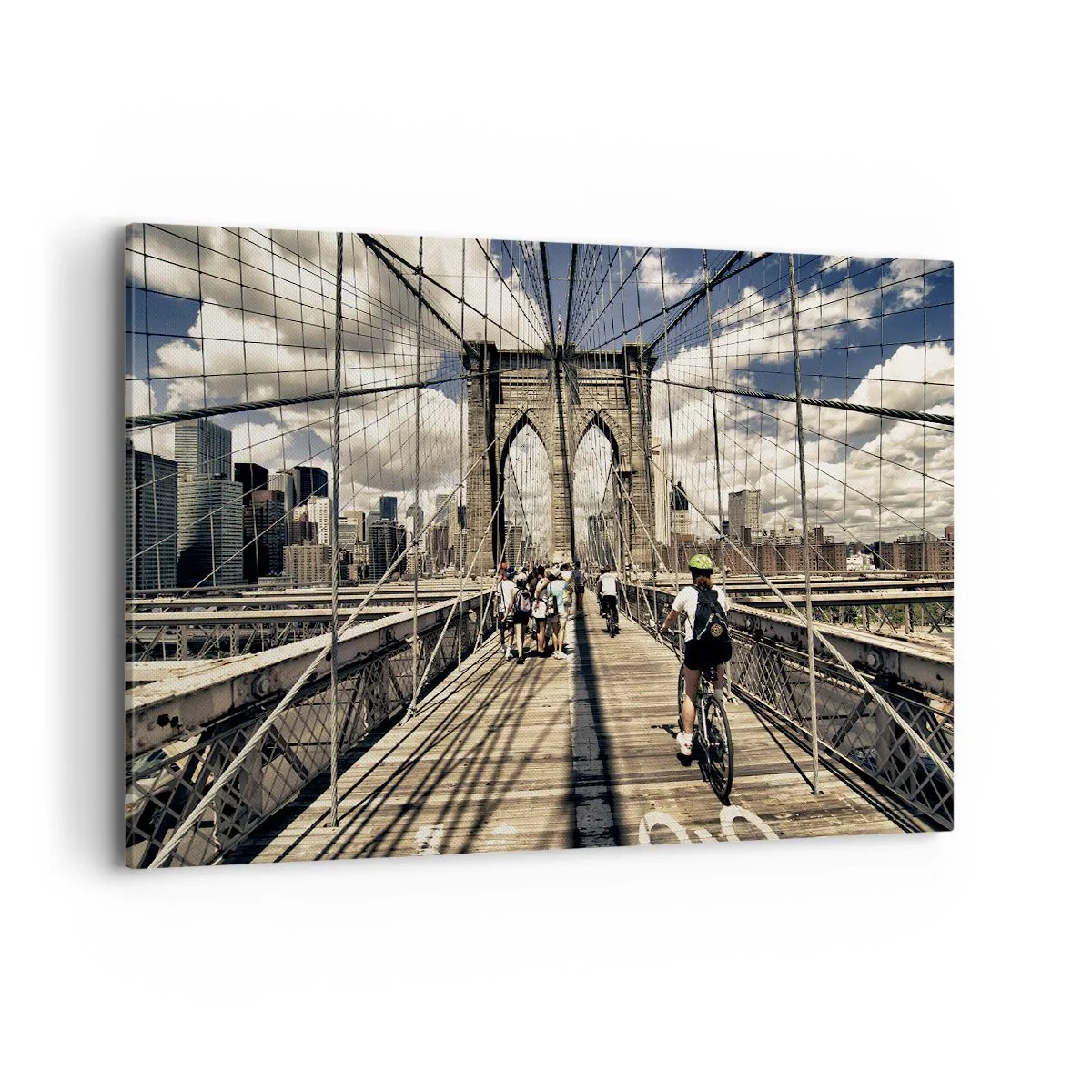Bild auf Leinwand - Leinwandbild - Brooklyn Bridge mit Blick auf Fußgänger und Radfahrer - 120x80cm - Direkt ins Herz der Stadt - Moderne Wanddekoration für Wohnzimmer und Schlafzimmer ARTTOR