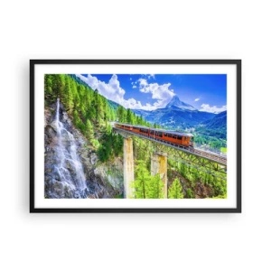 Poster in einem schwarzem Rahmen - Eine Achterbahn auf einer Brücke mit Blick auf einen Wasserfall und Berge - 70x50cm - Jetzt sind Alpen dran - Moderne Wanddekoration für Wohnzimmer und Schlafzimmer ARTTOR