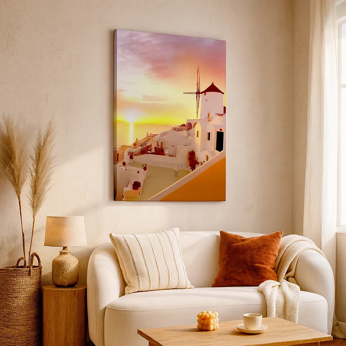 Bild auf Leinwand - Leinwandbild - Santorini bei Sonnenuntergang mit einer Windmühle - 50x70cm - In Weiß und Gold schmelzen - Moderne Wanddekoration für Wohnzimmer und Schlafzimmer ARTTOR