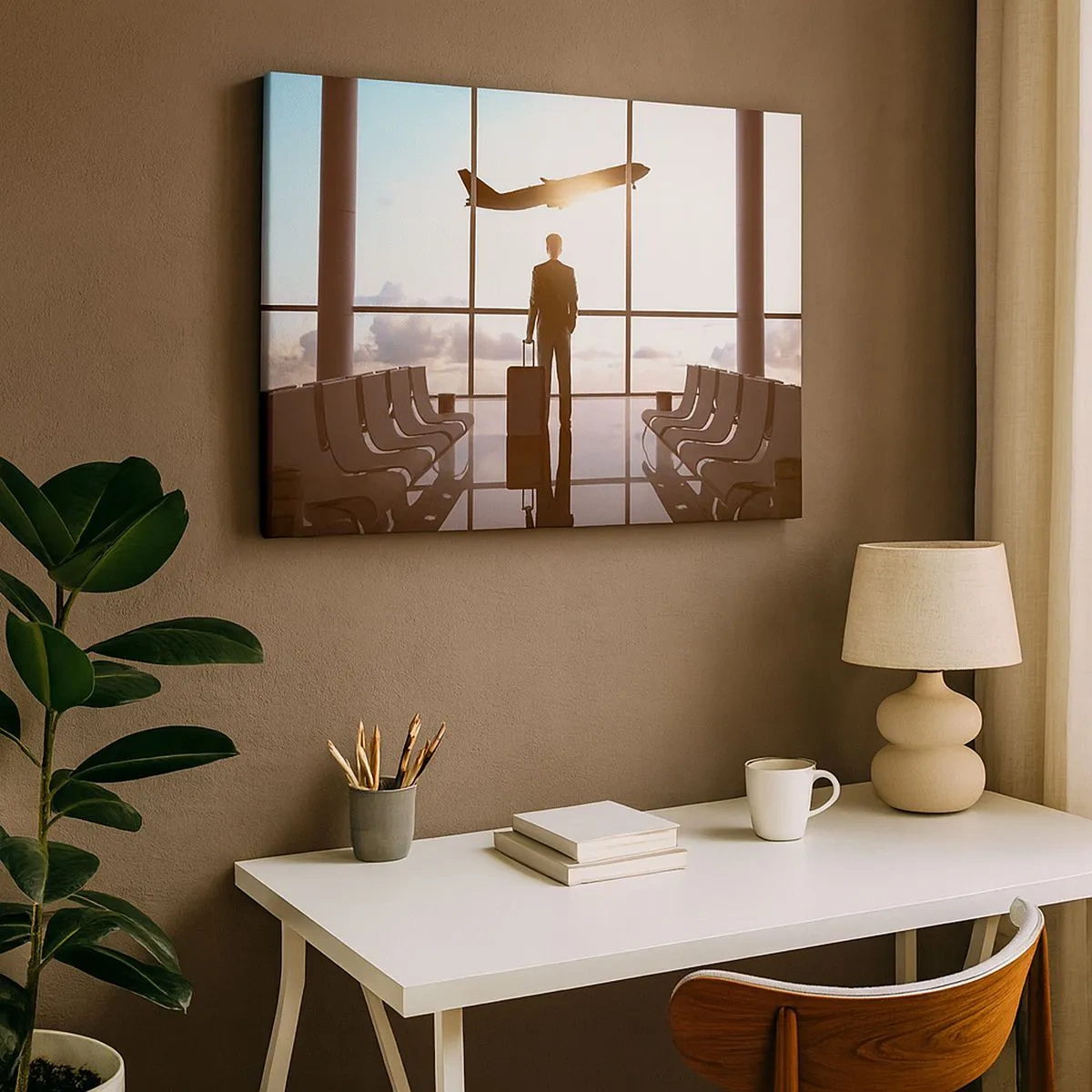 Bild auf Leinwand - Leinwandbild - Geschäftsmann am Flughafen mit einem Flugzeug im Hintergrund - 70x50cm - Du hast Zeit, lass dir Zeit - Moderne Wanddekoration für Wohnzimmer und Schlafzimmer ARTTOR