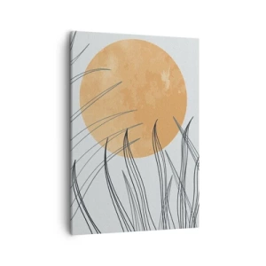 Bild auf Leinwand - Leinwandbild - Abstrakte Grashalme vor dem Hintergrund einer großen orangefarbenen Sonne - 50x70cm - Immer der Sonne entgegen - Moderne Wanddekoration für Wohnzimmer und Schlafzimmer ARTTOR