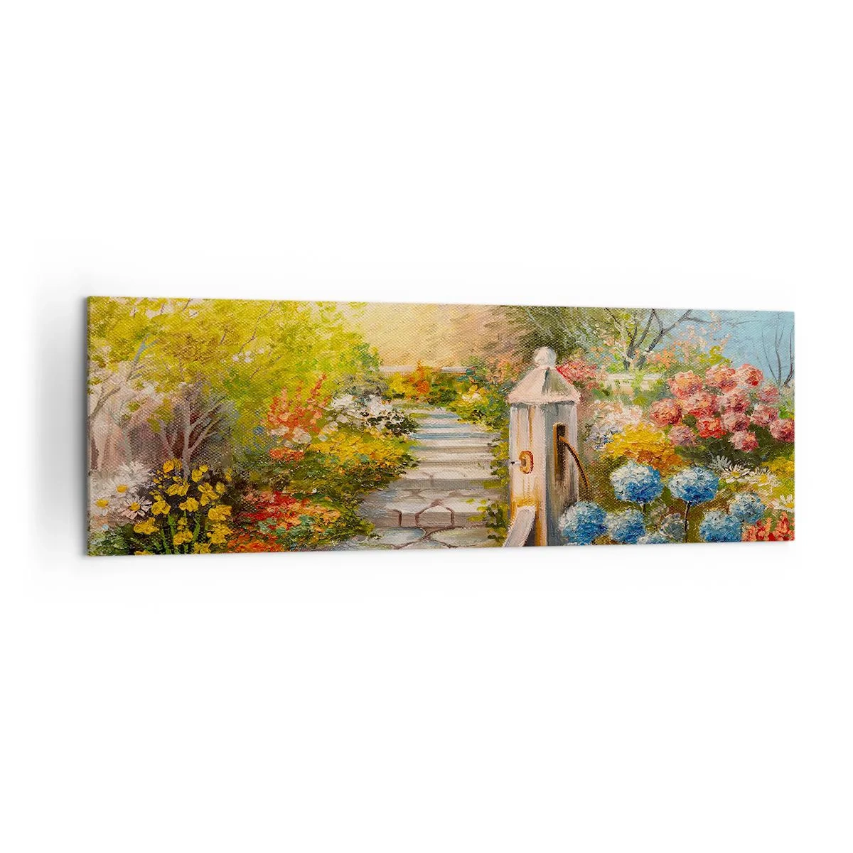 Bild auf Leinwand - Leinwandbild - Ein malerischer Garten mit einem Brunnen und bunten Blumen - 160x50cm - In voller Blüte - Moderne Wanddekoration für Wohnzimmer und Schlafzimmer ARTTOR