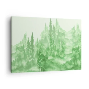 Bild auf Leinwand - Leinwandbild - Grüner Wald im Aquarellstil auf hellem Hintergrund - 70x50cm - Verschwommen mit grünem Nebel - Moderne Wanddekoration für Wohnzimmer und Schlafzimmer ARTTOR