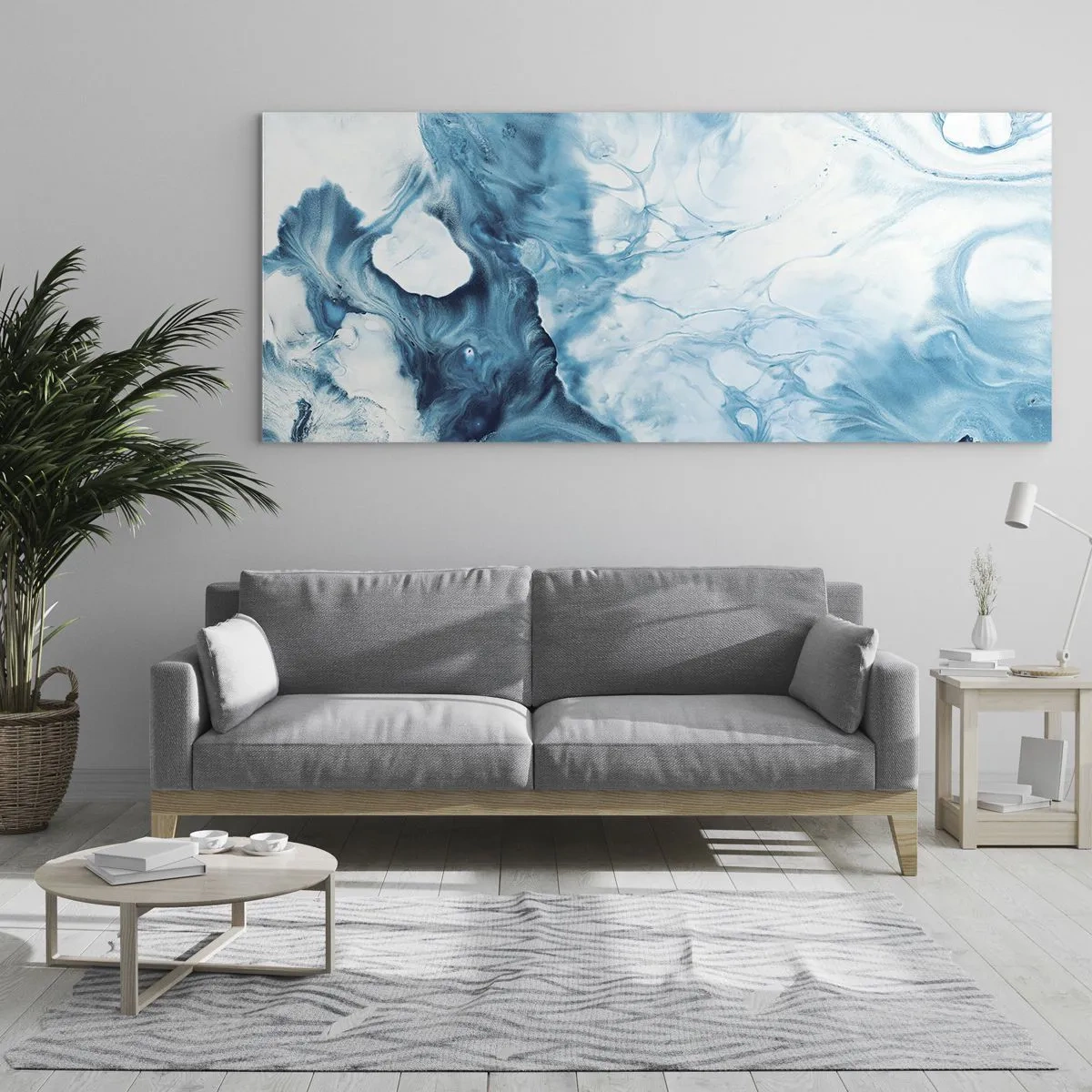 Glasbild - Bild auf glas - Abstraktes Muster in Blautönen - 160x50cm - Blaues Konzert - Moderne Wanddekoration für Wohnzimmer und Schlafzimmer ARTTOR