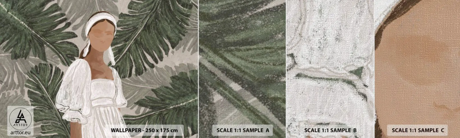 Fototapeten Muster Premium Canvas - Exotisches Porträt - Boho, Frau, Blätter - 100x30 cm