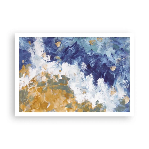 Poster - Abstraktion in Blau-, Weiß- und Goldtönen - 100x70cm - Tanz der Naturelemente - Moderne Wanddekoration für Wohnzimmer und Schlafzimmer ARTTOR