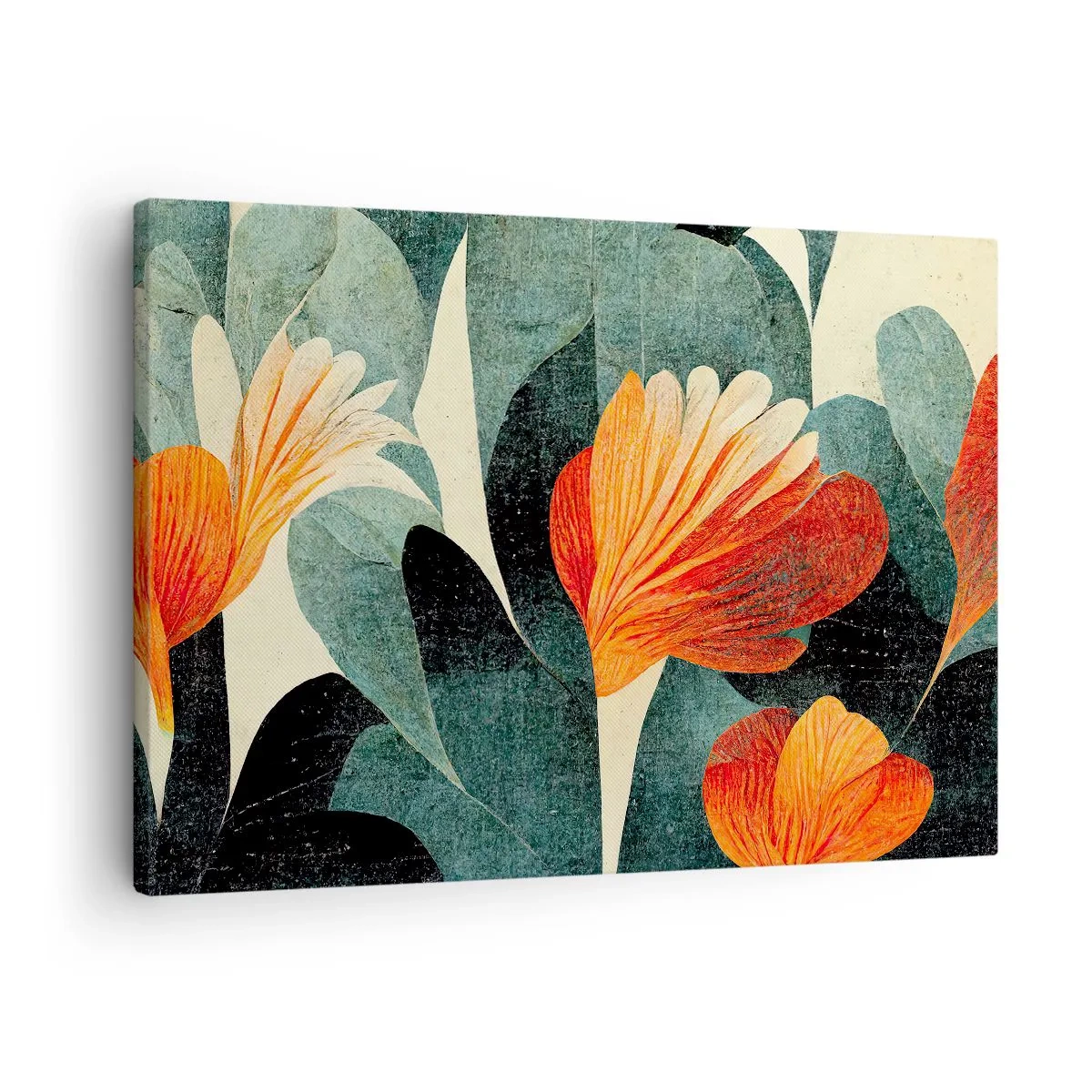 Bild auf Leinwand - Leinwandbild - Blüten in intensiven Orange- und Grüntönen - 70x50cm - Hitze der Tropen und Kühle des Grüns - Moderne Wanddekoration für Wohnzimmer und Schlafzimmer ARTTOR