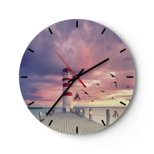 Wanduhr - Glasuhr - Leuchtturm bei Sonnenuntergang über dem Wasser - 30x30cm - Es ist Zeit zum Hafen zu gehen - Moderne Wanddekoration für Wohnzimmer, Küche und Schlafzimmer ARTTOR