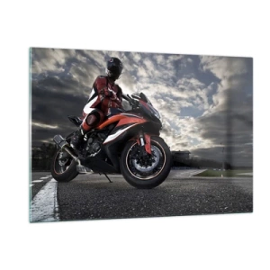 Glasbild - Bild auf glas - Ein Motorradfahrer auf einer Rennstrecke unter stürmischem Himmel - 120x80cm - Dunkler Reiter - Moderne Wanddekoration für Wohnzimmer und Schlafzimmer ARTTOR