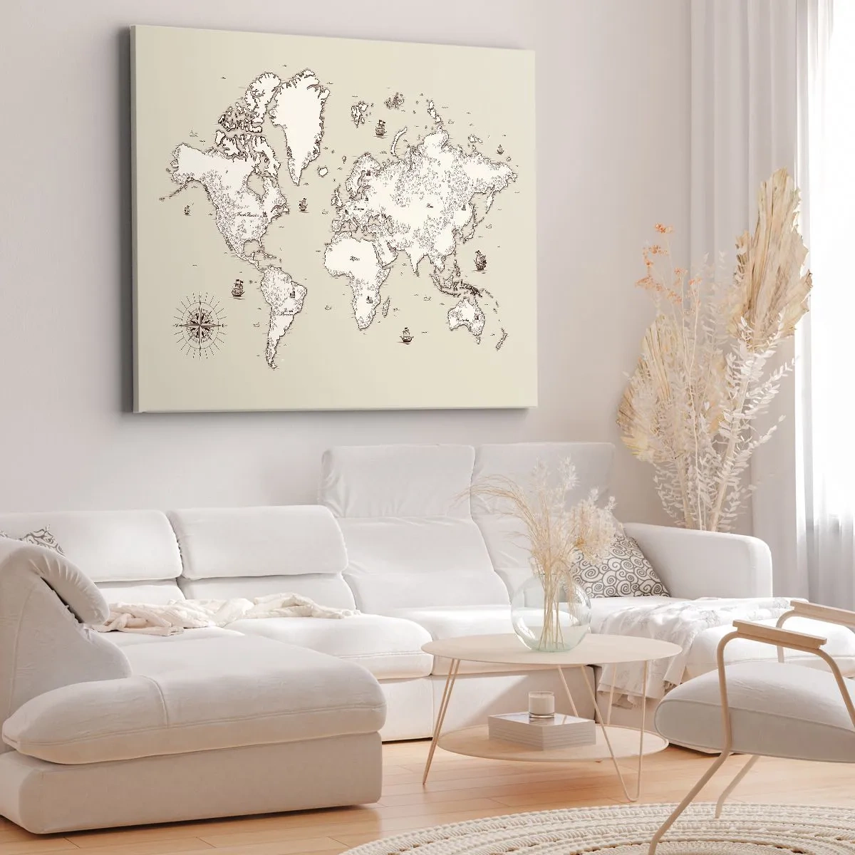 Bild auf Leinwand - Leinwandbild - Eine stilisierte Weltkarte in Beige- und Brauntönen. - 100x70cm - Reise um die Welt - Moderne Wanddekoration für Wohnzimmer und Schlafzimmer ARTTOR