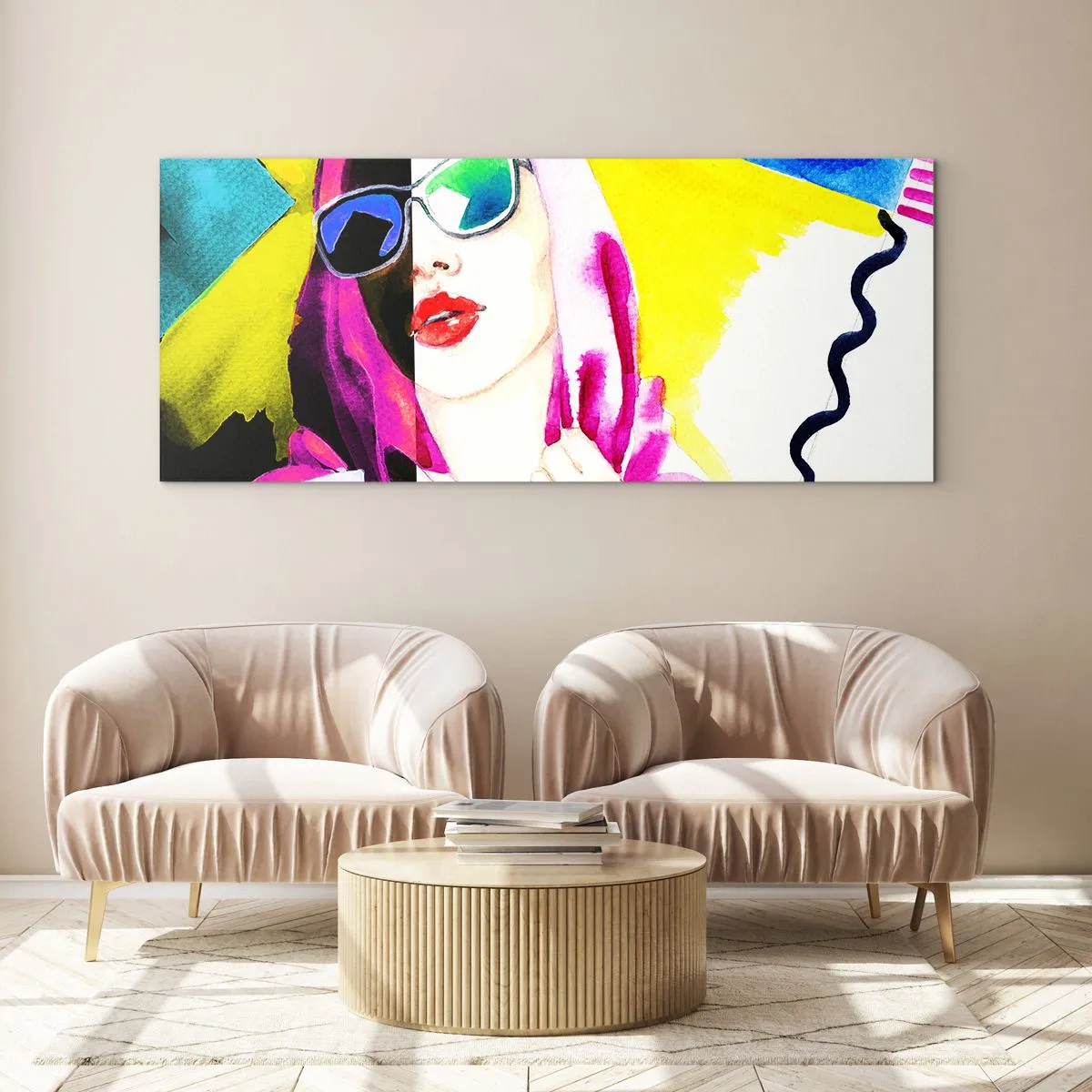 Glasbild - Bild auf glas - Buntes Porträt einer Frau mit Sonnenbrille - 140x50cm - Ich bin nicht weiß und ich bin nicht schwarz - Moderne Wanddekoration für Wohnzimmer und Schlafzimmer ARTTOR