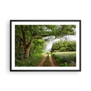 Poster in einem schwarzem Rahmen - Eine unbefestigte Straße zwischen grünen Bäumen und Sonnenlicht - 70x50cm - Et in Arcadia ego - Moderne Wanddekoration für Wohnzimmer und Schlafzimmer ARTTOR
