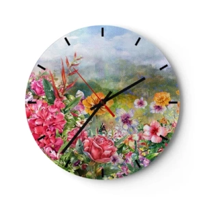 Wanduhr - Glasuhr - Ein farbenfroher Garten voller Blumen vor dem Hintergrund einer Landschaft - 30x30cm - Ein Garten, der verrückt geworden ist - Moderne Wanddekoration für Wohnzimmer, Küche und Schlafzimmer ARTTOR