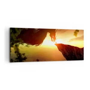 Bild auf Leinwand - Leinwandbild - Ein Drache und ein Mann auf einem Felsen im Schein der untergehenden Sonne - 120x50cm - Drachentöter - Moderne Wanddekoration für Wohnzimmer und Schlafzimmer ARTTOR