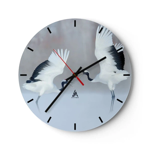 Wanduhr - Glasuhr - Zwei tanzende Kraniche in einer Winterlandschaft - 30x30cm - Tanz im Nebel - Moderne Wanddekoration für Wohnzimmer, Küche und Schlafzimmer ARTTOR