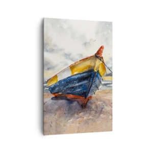 Bild auf Leinwand - Leinwandbild - Ein malerisches Boot am Strand unter einem bewölkten Himmel - 80x120cm - Erholung am Ufer - Moderne Wanddekoration für Wohnzimmer und Schlafzimmer ARTTOR