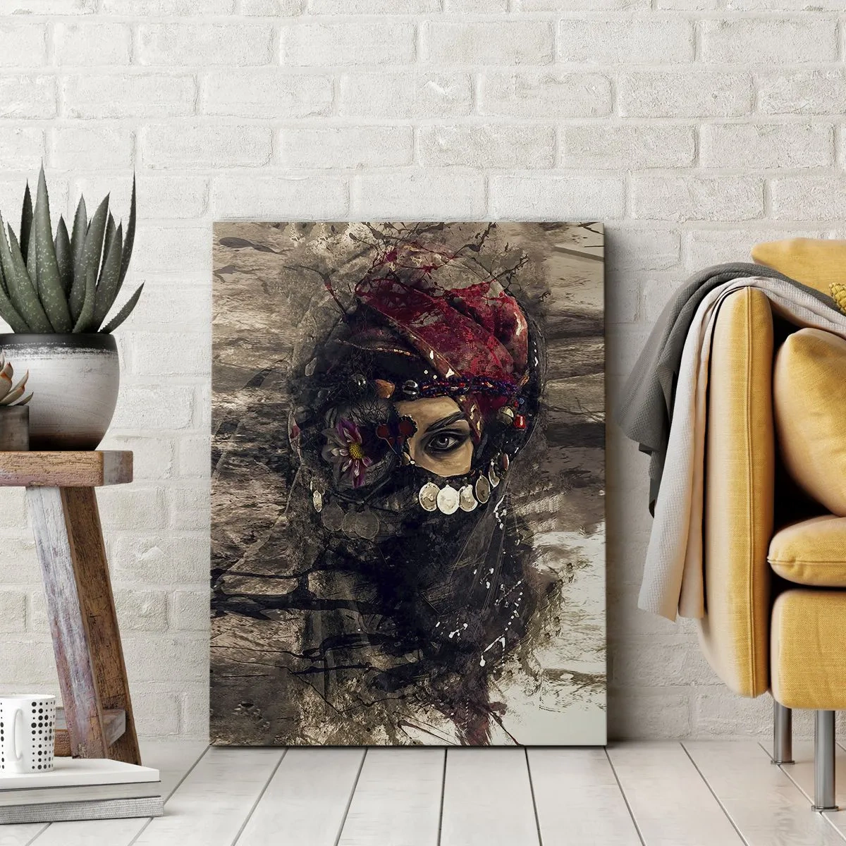 Bild auf Leinwand - Leinwandbild - Künstlerisches Porträt einer Frau in orientalischer Kleidung vor abstraktem Hintergrund. - 50x70cm - Gelinde gesagt besorgniserregend - Moderne Wanddekoration für Wohnzimmer und Schlafzimmer ARTTOR