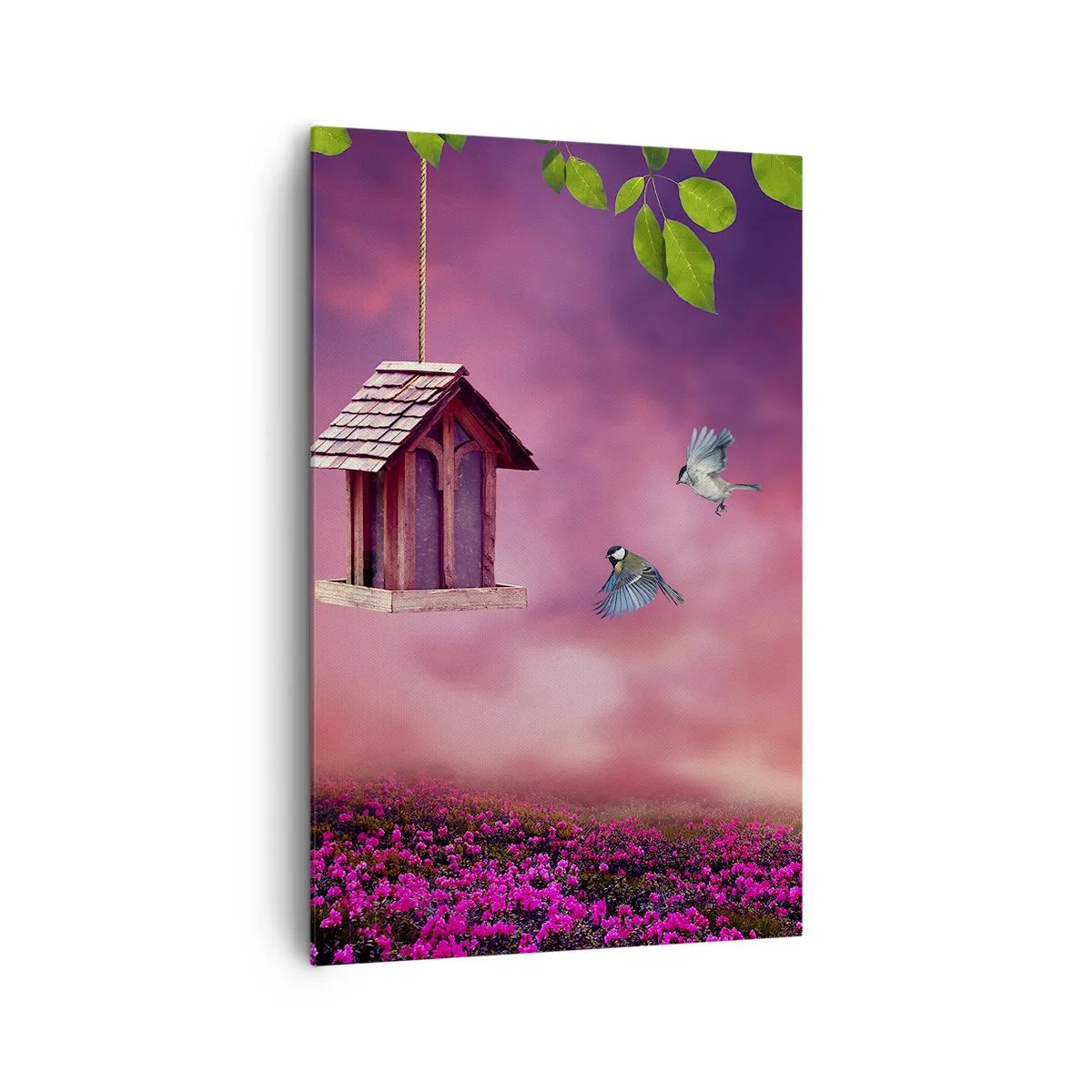 Bild auf Leinwand - Leinwandbild - Eine malerische Landschaft mit einem Vogelhaus und einem Sonnenuntergang - 80x120cm - Einladung zum Abendessen - Moderne Wanddekoration für Wohnzimmer und Schlafzimmer ARTTOR