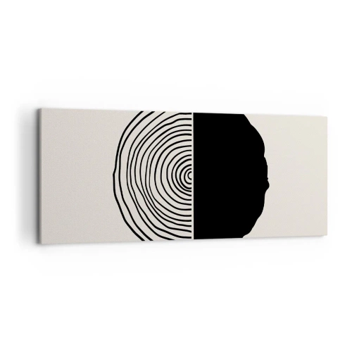 Bild auf Leinwand - Leinwandbild - Ein abstraktes Schwarz-Weiß-Motiv, inspiriert von einem Holzquerschnitt mit geometrischer Unterteilung. - 120x50cm - Halb und halb - Moderne Wanddekoration für Wohnzimmer und Schlafzimmer ARTTOR