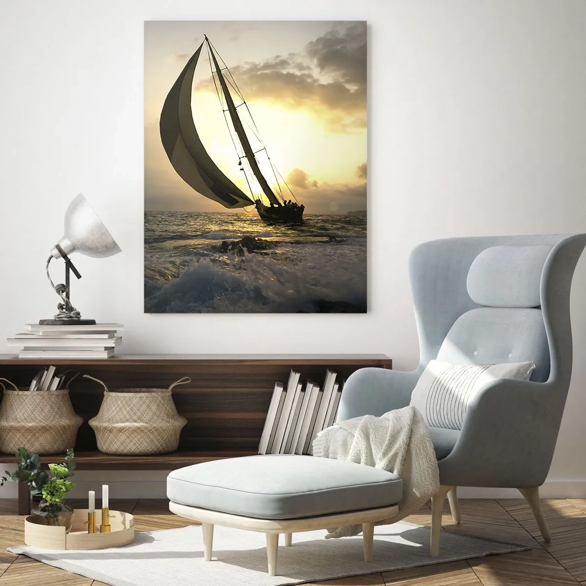 Glasbild - Bild auf glas - Segelboote auf See bei Sonnenuntergang - 70x100cm - Mit dem Wind und gegen den Wind - Moderne Wanddekoration für Wohnzimmer und Schlafzimmer ARTTOR
