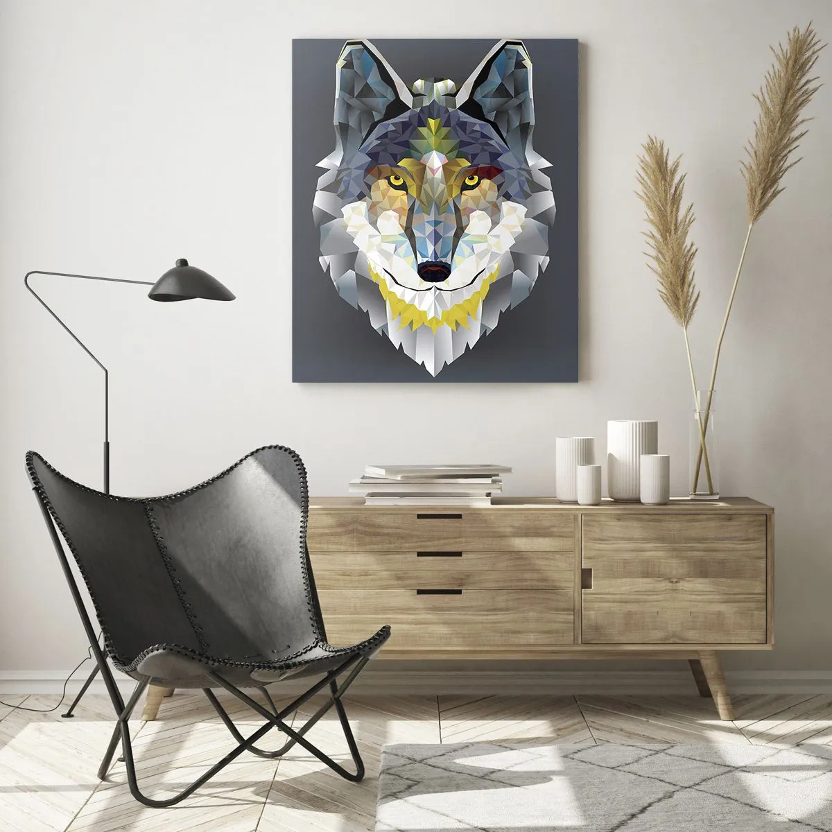 Glasbild - Bild auf glas - Geometrischer Wolf auf dunklem Hintergrund - 50x70cm - Vom Teufel sprechen - Moderne Wanddekoration für Wohnzimmer und Schlafzimmer ARTTOR