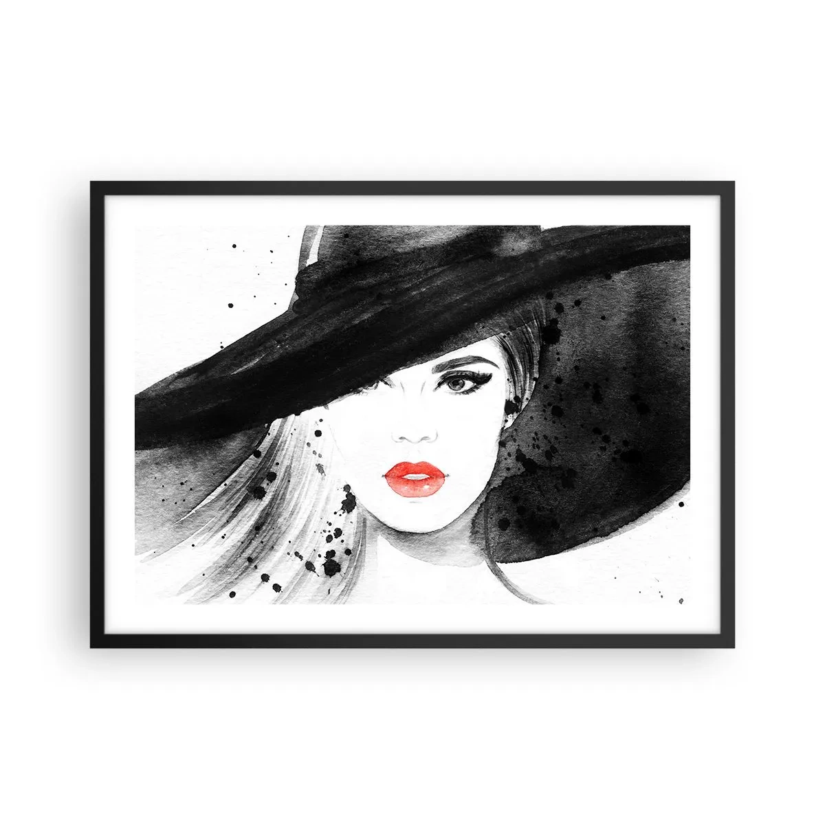 Poster in einem schwarzem Rahmen - Porträt einer Frau mit Hut und roten Lippen - 70x50cm - Frau in schwarz - Moderne Wanddekoration für Wohnzimmer und Schlafzimmer ARTTOR